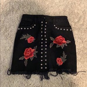 LF Carmar studded denim rose embroidered skirt